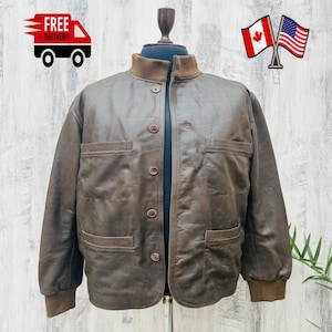 Vintage Brown Leather Bomber Jacket for Men | Retro Military Style Outerwear Ribbed Cuffs and Button Front  |Distressed Brown Leather Jacket