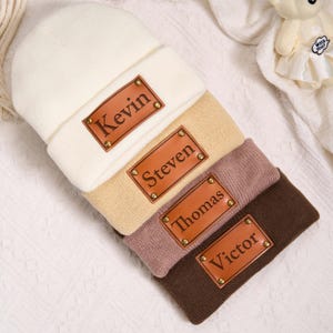 Baby Beanie Hat,Personalize Baby Beanie,Leather Patch Beanies,Newborn Baby Hat with name patch,Infant Beanie with Name,Baby Shower Gift