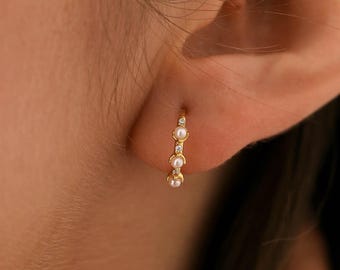 Pearl Huggie Hoop Earrings, Sterling Silver, Minimalist Gold Hoops