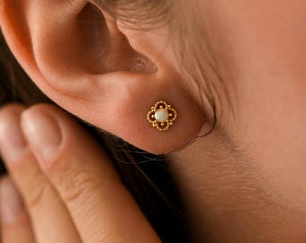 Opal Sterling Silver Stud Earrings, October Birthstone, Dainty Gemstone