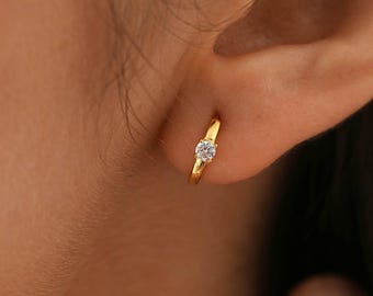 Sterling Silver CZ Diamond Huggie Earrings, Small Hoop Pair