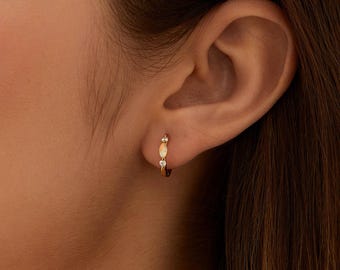 Dainty Opal Sterling Silver Hoop Earrings