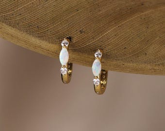 Dainty Opal Sterling Silver Hoop Earrings
