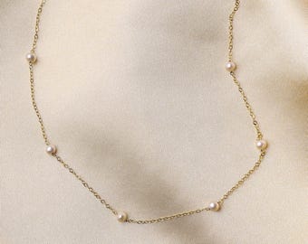 14k Gold Filled Genuine Freshwater Pearl Station Necklace, 925 Silver Dainty Pearl Chain