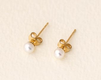 14k Solid Gold/Gold Filled Freshwater Pearl Stud Earrings, 3mm 4mm 5mm 6mm Minimalist Pearl