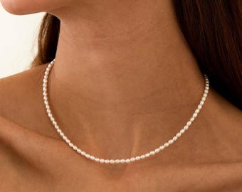 Genuine Freshwater Rice Pearl Choker, Sterling Silver, Minimalist Beaded Necklace