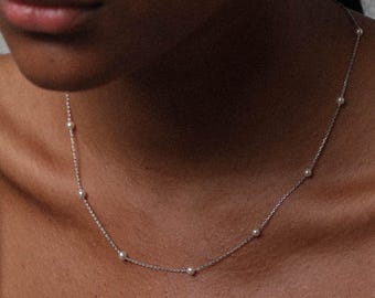 Dainty 925 Silver/Gold Filled Freshwater Pearl Station Necklace, Genuine Pearl Chain, Gift for Her
