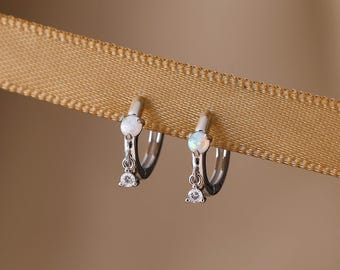Dainty Opal Hoop Earrings, Sterling Silver Hoops, October Birthstone, Christmas Gift, Gift for her
