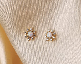 Sterling Silver Sunflower Opal Stud Earrings, CZ Halo Flower Jewelry