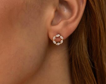 Gold Circle Stud Earrings • Sterling Silver, Cubic Zirconia