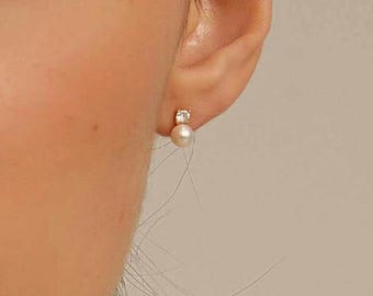 Sterling Silver Freshwater Pearl Stud Earrings, Dainty CZ Diamond