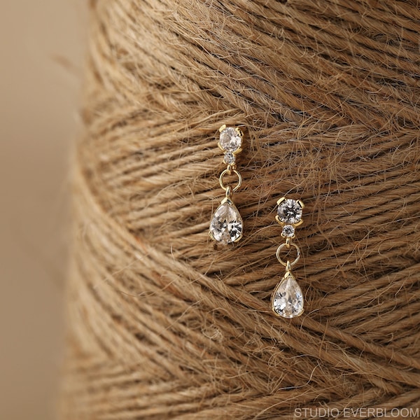 Pear Cubic Zirconia Drop Earrings, Sterling Silver Dangle Bridal Jewelry