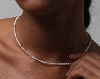 Tiny Freshwater Pearl Necklace, Sterling Silver Clasp, Beaded Choker