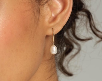 Gold Filled Freshwater Pearl Drop Earrings, Minimalist Bridal Dangle Jewelry