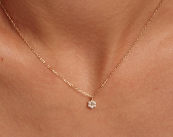 Gold Plated Sterling Silver Diamond Flower Necklace, Minimalist Pendant, Everyday Layering Jewelry