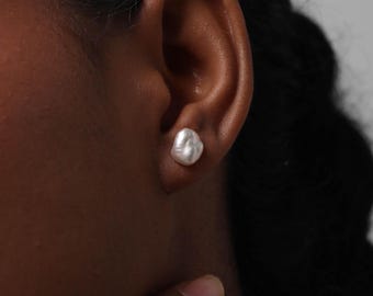 Sterling Silver Baroque Pearl Stud Earrings, Elegant Minimalist Studs
