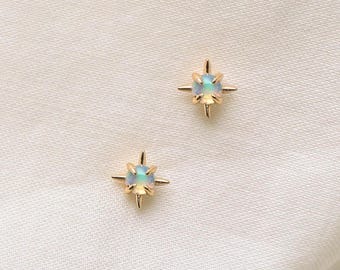 Natural Opal Starburst Stud Earrings, Sterling Silver October Birthstone Jewelry