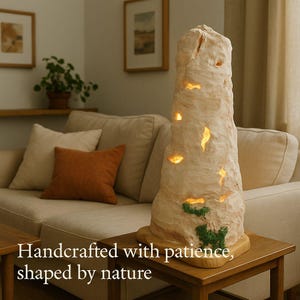 Puede incluir: Lámpara beige artesanal con forma de formación rocosa, con aberturas iluminadas y detalles de musgo verde. La lámpara está sobre una base de madera. El texto dice: Hecho a mano con paciencia, moldeado por la naturaleza.