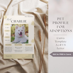 Pet Profile Template, Dog Adoption Flyer, Pet Rescue Flyer, Cat Adoption, Dog Adoption, Canva Template, Editable Poster