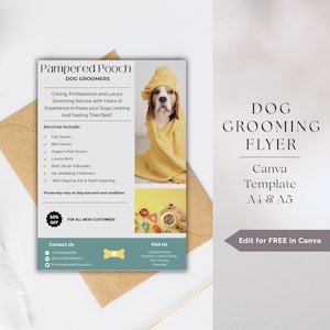 Szablon ulotki dla pielęgnacji psów, Groomer dla psów, Ulotka do druku, Groomer dla zwierząt, Szablon Canva, Ulotka dla psiego spa, Plakat dla salonu dla zwierząt