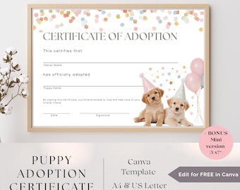 Puppy Adoption Printable Certificate, Dog Adoption Editable Certificate, Puppy Party Ideas, Dog Birthday Ideas, Pet Adoption Canva Template
