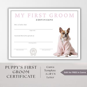 Puppy&#39;s First Groom Certificate, Editable Dog Grooming Certificate, Printable Canva Template, My First Groom Pet Certificate Template