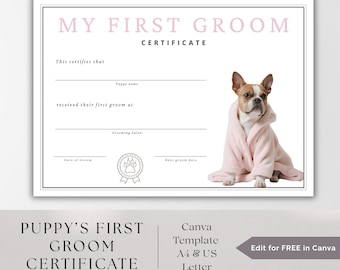Certificado de primeiro tosquia de cachorro, Certificado editável de tosa de cachorro, Modelo para impressão no Canva, Modelo de certificado para meu primeiro tosquia de animal de estimação