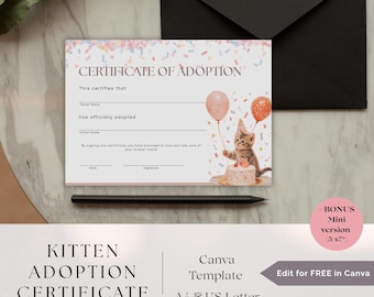 Kitten Adoption Editable Certificate, Printable Cat Adoption Certificate, Kitten Party Ideas, Cat Birthday Canva Template