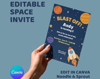 Invitación de cumpleaños espacial editable / Invitación para fiesta infantil espacial / Plantilla Canva de descarga instantánea