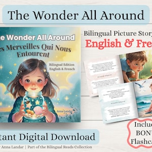 Könnte beinhalten: Ein zweisprachiges Bilderbuch mit dem Titel "The Wonder All Around" mit Illustrationen eines jungen Mädchens, das ein Glas mit Glühwürmchen hält, und eines Jungen, der eine Marienkäfer betrachtet. Das Buch ist als sofortiger digitaler Download erhältlich und enthält Bonus-Flashcards.
