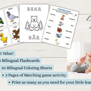 May include: Educational materials featuring flashcards with animal illustrations and matching games. Includes a coloring sheet with a bear and the word "BEAR" in English and German. The image also shows a child.