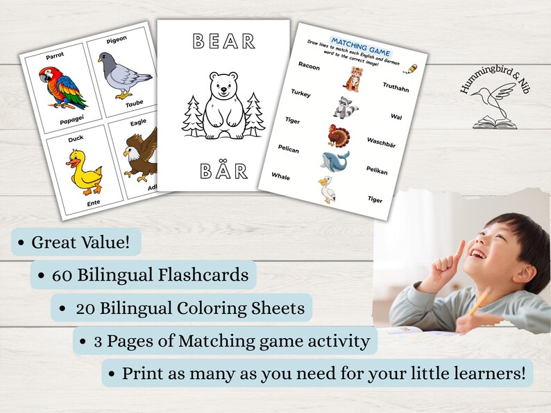 May include: Educational materials featuring flashcards with animal illustrations and matching games. Includes a coloring sheet with a bear and the word "BEAR" in English and German. The image also shows a child.
