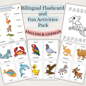 May include: A bilingual flashcard and activity pack in English and German. The pack includes matching games and flashcards featuring colorful illustrations of animals like parrots, dolphins, and ducks. The text "ENGLISH & GERMAN" is displayed prominently.