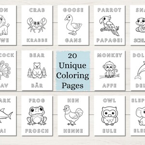 May include: A set of 20 unique coloring pages featuring various animals, including a lion, crab, goose, parrot, and snake. Each page has a black and white illustration and the animal's name.