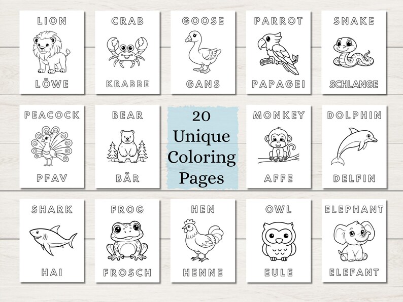 May include: A set of 20 unique coloring pages featuring various animals, including a lion, crab, goose, parrot, and snake. Each page has a black and white illustration and the animal's name.