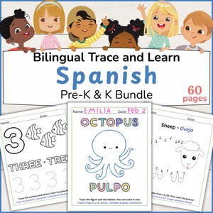 May include: A bilingual Spanish Pre-K & K bundle with tracing and learning activities. The cover features cartoon children and the text "Bilingual Trace and Learn Spanish". Includes 60 pages of educational worksheets with numbers, letters, and coloring pages.