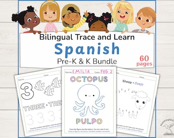 Bilingual Spanish-English Trace and Learn Bundle for Pre-K and Kindergarten – Animals, Numbers, Shapes & More | Instant Download