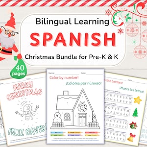 May include: A bilingual Spanish Christmas learning bundle for Pre-K and K students. The bundle includes 40 pages of activities, such as coloring pages, word searches, and matching exercises. The cover features Santa Claus and Christmas ornaments.