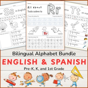 May include: Bilingual alphabet worksheets in English and Spanish for Pre-K, K, and 1st grade. The worksheets include letter tracing, and illustrations of objects like a rocket, star, and scissors. Includes metric measurements.