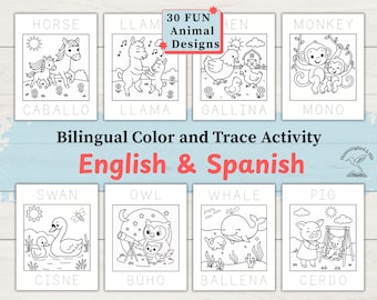 Pacote de atividades bilíngue espanhol-inglês para traçar e colorir | Folhas de atividades imprimíveis para sala de aula ou ensino domiciliar