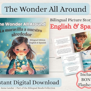 Könnte beinhalten: Ein bilinguales Bilderbuch mit dem Titel "The Wonder All Around" mit einem Mädchen, das auf dem Cover ein Glas mit Glühwürmchen hält. Das Buch ist als sofortiger digitaler Download erhältlich und enthält Bonus-Flashcards.
