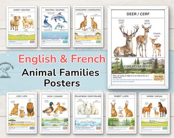 Bilingual Animal Families Posters: English-French Educational Prints (Digital Download Set of 10)