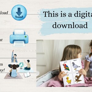 May include: Two young girls are looking at a card with illustrations of birds. The card includes a parrot, pigeon, duck, and eagle. The image also includes watercolor illustrations of a download icon, a printer, and children learning.