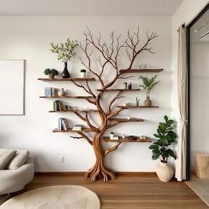 Driftwood branch shelf wall mount tree bookshelf natural branch bookcase solid wood home  decor for living room