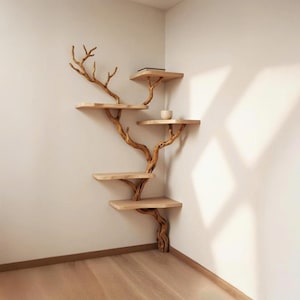 Corner tree bookshelf wall mount driftwood branch bookshelves solid wood handmade furniture bookcase wall art decor living room