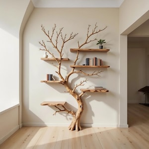Driftwood shelf wall mount tree branch bookshelf floor bookshelves solid wood handmade furniture bookcase wall art decor for room