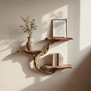 Floating shelf wall mount tree driftwood branch bookshelf vintage solid wood handmade furniture bookcase wall art gift for decor living room