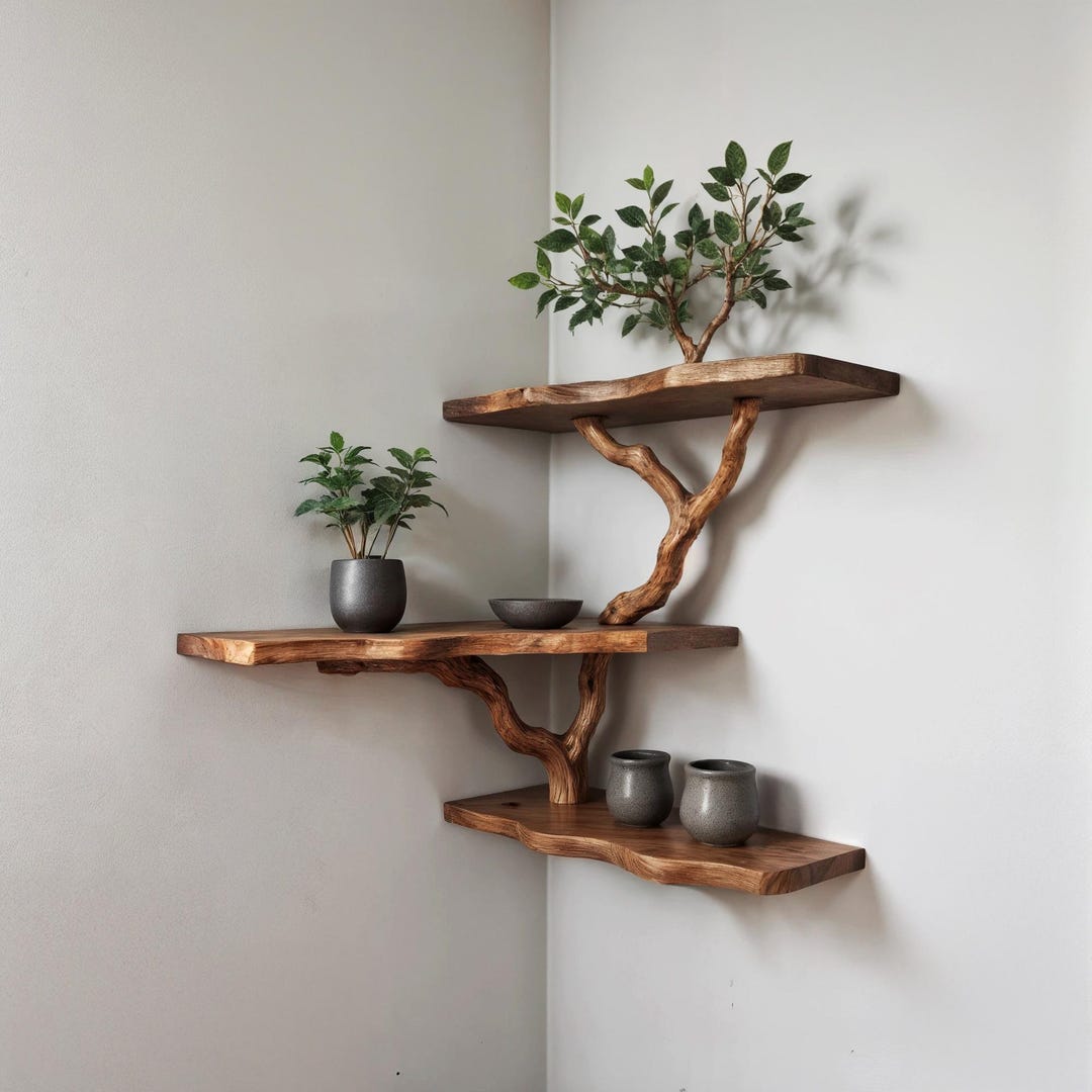 Driftwood Branch Corner Shelf Tree Floating Bookshelf Solid Wood Book ...