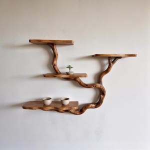 Tree branch bookshelf wall mounted driftwood shelf unique hanging bookshelves solid wood handmade furniture bookcase wall art decor gift