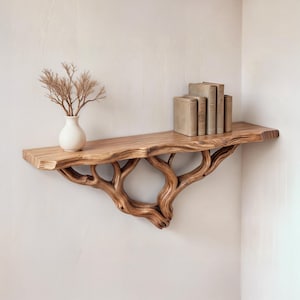 Driftwood wall shelf rustic tree branch bookshelf natural wood floating shelves solid wood bookcase wall mount entryway decor